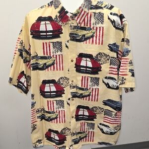 RedHead Yellow Short-Sleeve Button-Down with Car & Flag Print